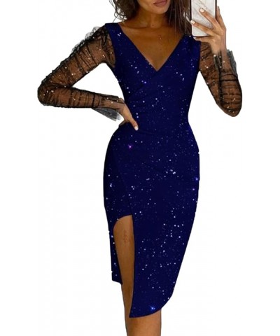 Women's Sheer Mesh Glitter V Neck Flounce Long Sleeve Wrap Split Cocktail Midi Dress Dark Blue $20.09 Dresses